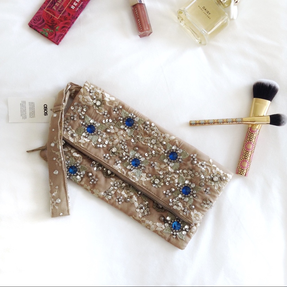 Asos Tan Embellished Jeweled Lace Clutch